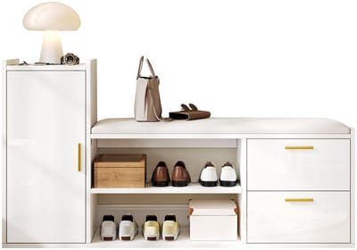 Merax Schoenenbank - 128x30x68cm - Witte Schoenenkast met 2 Lades en 1 Deur - Hoogglans Opbergkast met Kussen - Moderne Halbank met Open Schoenenrek
