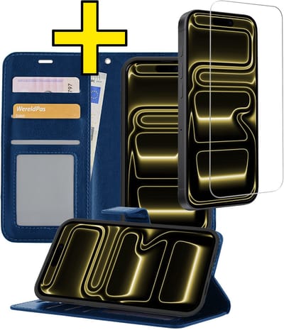 Hoesje - Met Screenprotector - Geschikt voor Apple iPhone 17 Pro - Luxe Pasjeshouder - Bookcase Portemonee - Flip Case - Kunstleer Book Case - Flipcase - Book Cover - Walletcase - Portemonneehoes - Telefoonhoesjes - Donkerblauw