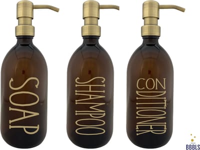BBBLS® Design Dispenser Giftset "Soap Shampoo Conditioner" | Bruin Glas | 500ml | RVS / Metaal Pomp Goud | Zeeppomp | Zeepdispenser | Zeephouder