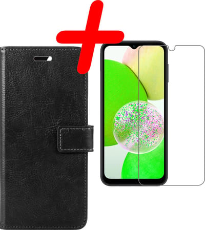 Hoesje Met Screenprotector - Geschikt voor Samsung Galaxy A14 - Luxe Pasjeshouder - Bookcase Portemonee - Flip Case - Kunstleer Book Case - Flipcase - Book Cover - Walletcase - Portemonneehoes - Zwart