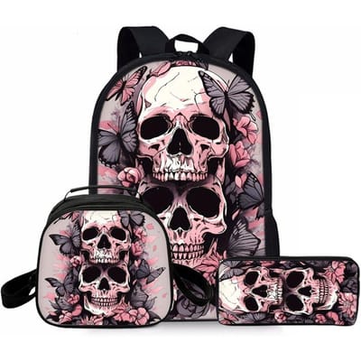Drie delige set met print van twee roze schedels Rugzakken voor Jongens/Meisjes Beste Cadeau 2D Cartoon Modieuze Schooltas voor Kinderen