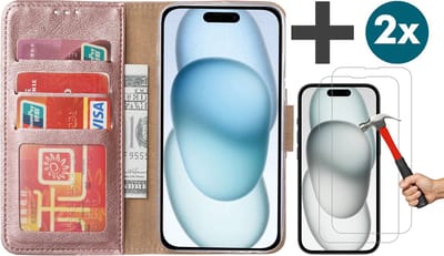 Hoesje met 2 Stuks Screenprotectors Geschikt voor iPhone 15 Plus – Arara bookcase met pasjeshouder - Rosegoud