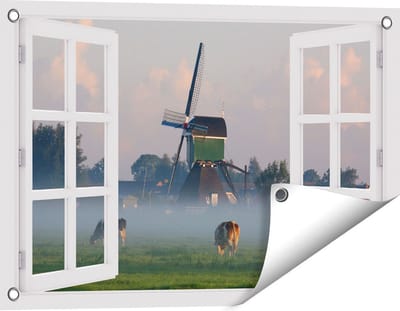 Gards Tuinposter Doorkijk Landschap met Koeien - 60x40 cm - Tuindoek - Tuindecoratie - Wanddecoratie buiten - Tuinschilderij