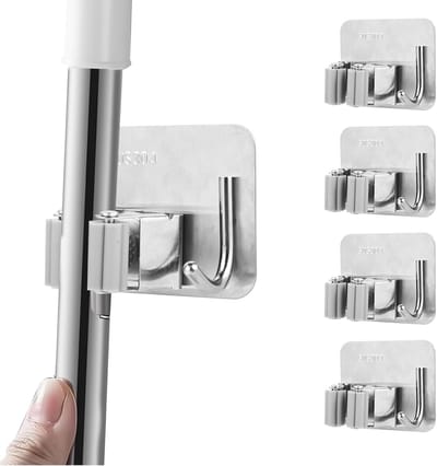Famanu – Bezemhouder wandmontage set van 4 – Zelfklevend zonder boren met extra haken, nette indeling in één lijn – Voor keuken, badkamer en tuin (zilver)