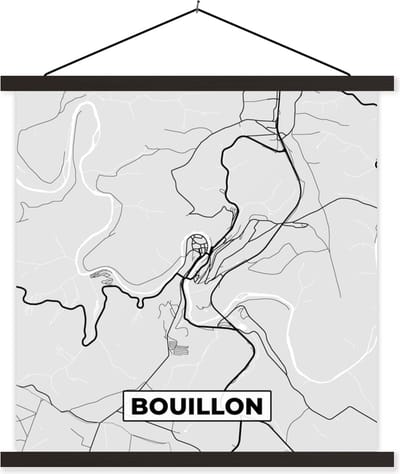 Posterhanger incl. Poster 60x60 cm - Schoolplaat - Zwart Wit – België – Plattegrond – Stadskaart – Kaart – Bouillon - Textielposter - Zwarte latten - Stadskaart