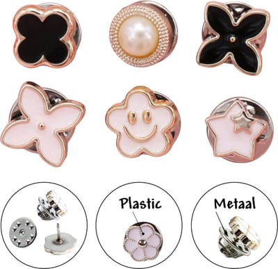Fako Bijoux - Pin Broche Mini - Steek Pin Knopen Set - 6 Mini Broches - 8-12mm - Silver, Gold, Black, White & Pearl - 6 Stuks - Zilver, Goud, Zwart & Wit - Serie 14