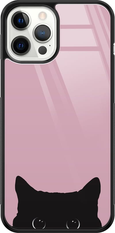 Hoesje geschikt voor iPhone 12 Pro Max - Zwarte kat - Luxe Hard Case - Marmer - Roze - Mooie Telefoonhoesjes