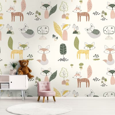 Fotobehang Profhome 391891-GU vliesbehang hardvinyl warmdruk in reliëf glad met kinder patroon mat crème groen geel beige 1,59 m x 2,8 m