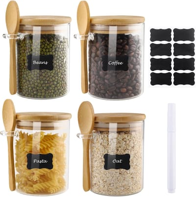 Dailygoods- Voorraadpotten Set van 4 - Glazen Potten 500 ml - Hittebestendig Borosilicaatglas - Met Deksel en Lepel - Inclusief Etiketten - Veiligheidsgetest - Bewaarpotten
