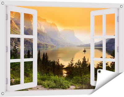 Gards Tuinposter Doorkijk Bergen met een Meer in Nationaal Park Glacier - 90x60 cm - Tuindoek - Tuindecoratie - Wanddecoratie buiten - Tuinschilderij