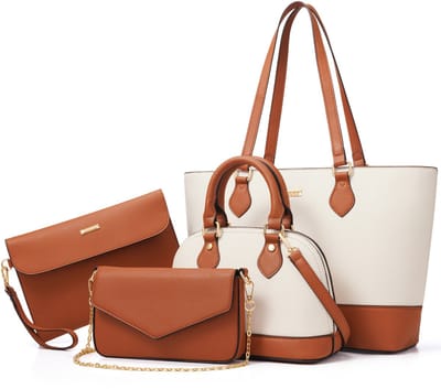 MODFU Luxe Handtassen Set 4-delig – Shopper, handtas, schoudertas & clutch – PU leer color-blocking – Perfect voor werk & uit – Wit / Cognac bruin