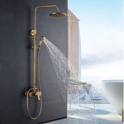 Auralum Max Compleet Douchesysteem - Doucheset - Retro ééngreeps - Regendouche en Handdouche - Antiek Koper - Hoogte Verstelbaar 96-135 cm - Waterbesparend - Goud