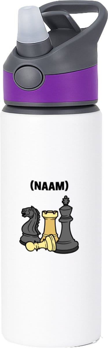 Hacebo® - Schaken met eigen naam waterfles met rietje paars - Schaken - Schaker - Denksport - water fles - 650ML