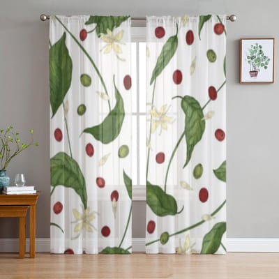 Natuurlijke Coffea Of Koffieboom Bladeren Chiffon Transparante Gordijnen voor Woonkamer Slaapkamer Raamgordijnen Voiles Tule Cortinas 135W x 114H(cm) white