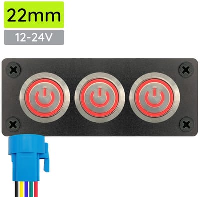ProRide Metalen pulsschakelaar 12-24V OFF-(ON) - Inbouwpaneel drievoudig - 22mm - IP67 - LED indicatie Rood
