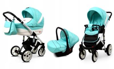 BabyLux® Kinderwagen 3in1 – LILLY - MINT - Opklapbare Wandelwagen incl. Reiswieg, Multifunctionele Buggy Sportstoel, Autostoel - Combi-kinderwagen met Luiertas, Regenhoes, Klamboe, Bekerhouder, etc.