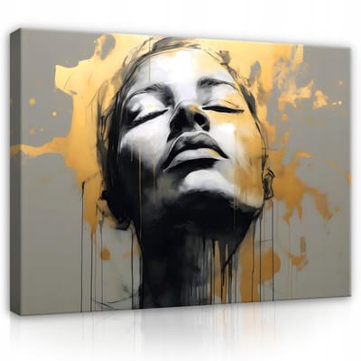 WALLARENA - Canvas schilderij - 100x70 cm - Abstracte vrouwengezicht in grijs en goud