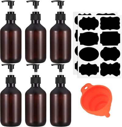 Famanu – Navulbare shampoo- en lotionflessen 300 ml met pomp – Set van 6 – Inclusief etiketten