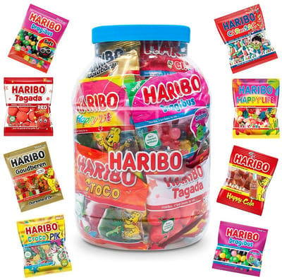 Haribo Mega-Fête 1kg snoep mix - XL snoeppot met uitdeelzakjes - snoepzakjes voor verjaardagsfeestjes