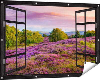 Gards Tuinposter Doorkijk Paarse Weide - 120x80 cm - Tuindoek - Tuindecoratie - Wanddecoratie buiten - Tuinschilderij