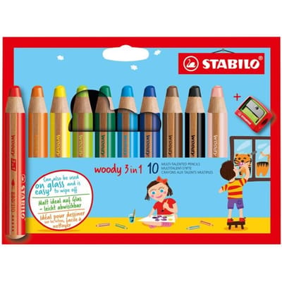 STABILO woody 3 in 1 - Multi Talent Kleurpotloden - Etui Met 10 Kleuren + Puntenslijper