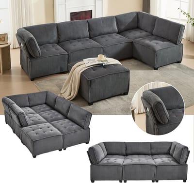 Intebiki Hoekbank 308 x 154 x 81.99 cm - Modulaire 6-Zits Bank - met verplaatsbare hocker en opbergruimte - flexibel L/U-vormig ontwerp - voor woonkamer of kantoor - chenille - ergonomisch - grijs