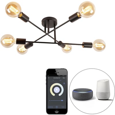 QAZQA sydney - Industriele Dimbare LED Smart Plafondlamp incl. wifi met Dimmer - 6 lichts - Ø 55 cm - Zwart - Industrieel - Woonkamer | Slaapkamer | Keuken