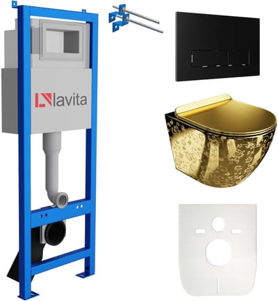 LAVITA LAV 101 SOFI SLIM GOLDEN EYE - Inbouw WC 40cm - Zwarte Drukplaat - Goud Accent - Rimless Toiletset Compleet