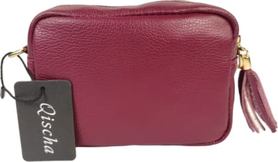 Qischa® - leder - Crossbody handtas - vak met rits - instelbare riem - pruim rood