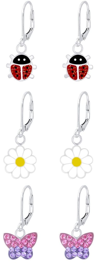 Joy|S - Zilveren oorbellen set 3 paar - Lieveheersbeestje oorbellen - Madelief bloem oorbellen - Vlinder oorbellen - leverback sluiting