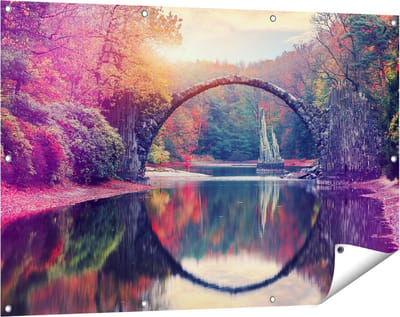Gards Tuinposter Rakotz Brug in Duitsland in de Herfst - 120x80 cm - Tuindoek - Tuindecoratie - Wanddecoratie buiten - Tuinschilderij