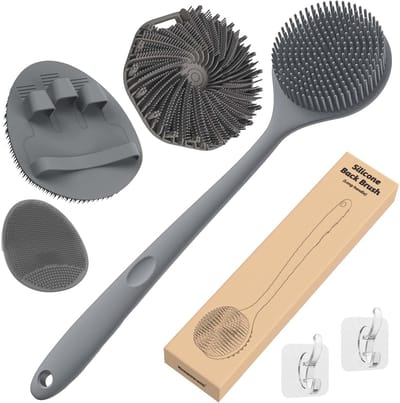 Siliconen Rugschrobber - Badhandschoen Set - Douche Reiniging - Dunne Borstelharen - 4 Stuks - Grijs