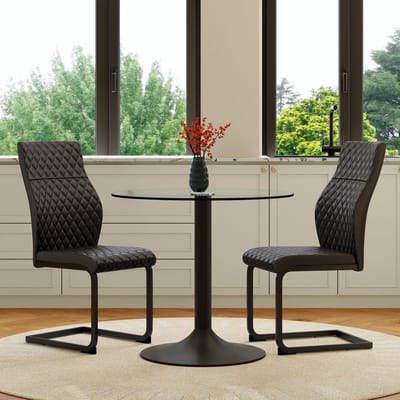 FloraGrace Ronde Glazen Eettafelset 85 Cm - Met 2 Zwarte Stoelen - Voor Kleine Eethoek - Glas En Metaal - Zwart En Transparant