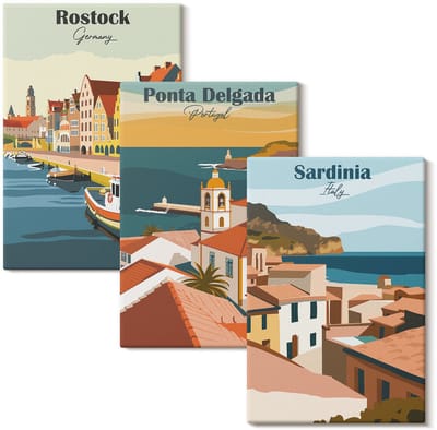 Wallfluent Set van canvas schilderijen - Gezichten op Europese kust- en havensteden Canvas Schilderijen Set - set 3 stuks 20x30 cm - Veelkleurig Set van Canvas Prints - Steden Canvas Kunst Set - Boheemse Canvas Kunst Set