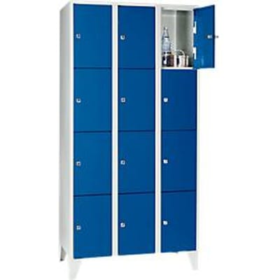 Vakkenkast 300 mm, 3 afdelingen, 12 vakken, veiligheidscilinderslot, poot, gentiaanblauw