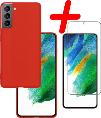 Hoesje Met Screenprotector - Geschikt voor Samsung Galaxy S21 FE - Sterk & Shockproof - Back Cover - Siliconen Case - Telefoon Hoes - Rood
