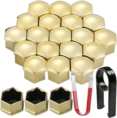 22-delige Set van 17mm Wielmoerkappen met Hexagonale Ontwerp en Verwijdertool voor Auto's - Goudkleurig