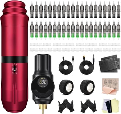 MRKK® Tattoo Machine met Accessoires - Tattoo kit Draadloos - Complete Set - Rood