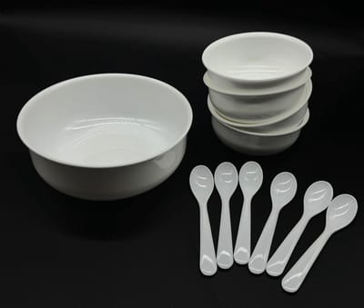 Kom Set 11-delig kleur wit, 1 kom 17 cm + 4 compoteschalen 10 cm met lepel dessertkom partyservies kinderservies campingservies plastic servies kunstservies