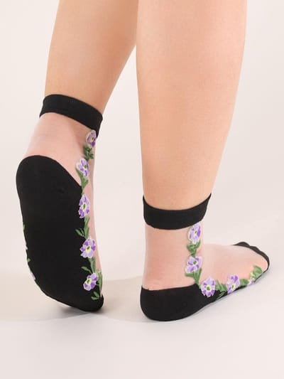 Vintage Kanten Sokken voor Dames - Zwarte Bloemen Motief Kousen, Dunne Zijde Mesh, 5 Paar, Gemengde Kleuren, Eén Maat
