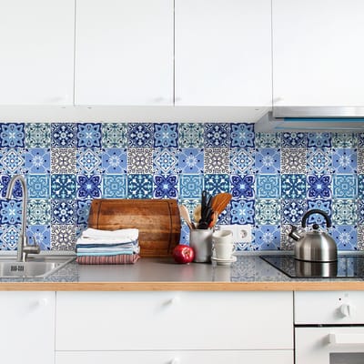 Zelfklevende tegelmuurstickers voor keuken en badkamer - 9 tegelstickers, Azulejos-stijl, Omodossola - 9 stickers, 10x10 cm