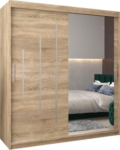 InspireMe - Kledingkast met 2 schuifdeuren, Modern-stijl, Een kledingkast met planken en een spiegel (BxHxD): 180x200x62 - MALTESE II 180 Sonoma Eik
