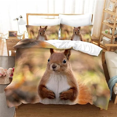 3D Eekhoorn Koning Koningin Dekbedovertrek Mooie Dieren Beddengoed Set voor Kinderen Tieners Volwassenen Wilde Dieren Groene Bladeren Zacht 2/3-delig Dekbedovertrek 70x133cm 2pcs