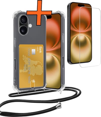 Hoesje Geschikt voor iPhone 16 Hoesje Met Telefoonketting Pasjeshouder Shockproof Case Met Screenprotector Koord - Hoesje Geschikt voor iPhone 16 Hoes Met Kaarthouder - Transparant