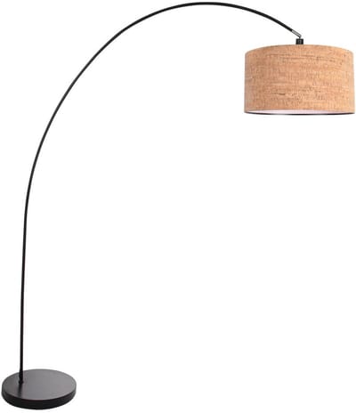 Solva 4345ZW booglamp - zwart met kurken kap Ø40 cm, moderne eigentijdse vloerlamp, Mexlite