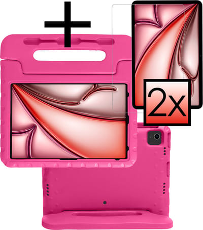 Hoes - Geschikt voor Apple iPad Air (2024/2025/2026) - 13 inch - Met 2x Screenprotector - Kinderhoes Shockproof Bumper - Kidsproof Case - Tablet Hoesje - Kinder Cover - Roze