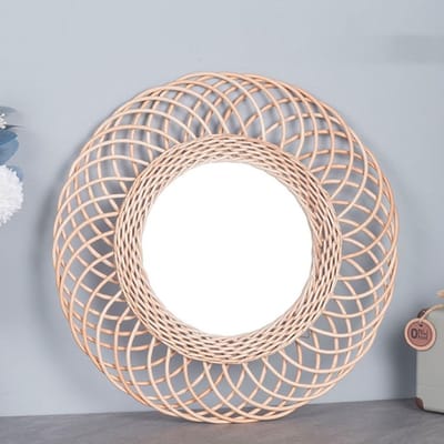 Dailygoods- Wandspiegel Decoratief - Ronde Wandspiegel - Rotan Spiegel - Houten Frame - 40 cm - Stijlvolle Wanddecoratie - Decoratiespiegel