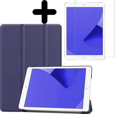 Hoes - Geschikt voor Apple iPad 7/8 (2019/2020) - 10.2 inch - 7e/8e Generatie - Met Screenprotector - Trifold Bookcase - Hard Cover - Hardcover Book Case - Tablet Hoesje - Donkerblauw