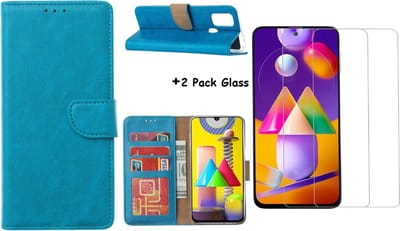 Hoesje Geschikt Voor Samsung Galaxy M31S Boek Hoesje / Wallet cover - Blauw Met 2X glas Screenprotector