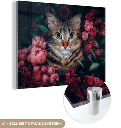 MuchoWow® Glasschilderij 120x90 cm - Schilderij acrylglas - Kat - Bloemen - Dieren - Botanisch - Foto op glas - Schilderijen